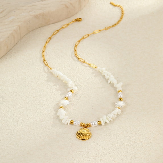 NICKSUN 18K Gold-Plated Stainless Steel Starfish & White Shell Lockbone Necklace - Coastal-Inspired Minimalist Chain for Women