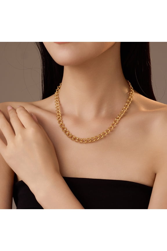 18K Gold Plated Stainless Steel Textured Rope Link Choker Necklace, Thick Twisted Grooved Wide Chain Collarbone Necklace Minimalist Chunky Jewelry for Women