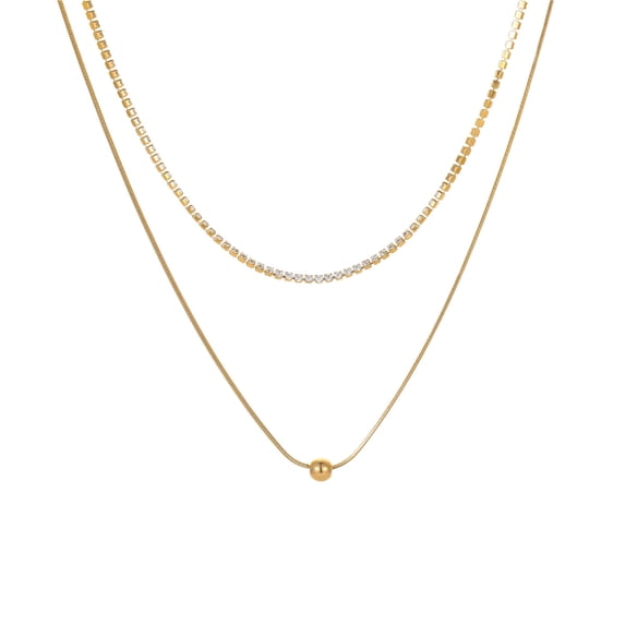 NICKSUN 18K Gold / Silver Plated Double Layer Necklace - Stainless Steel Herringbone & CZ Tennis Chain, Tarnish-Free Minimalist Stackable Choker for Women