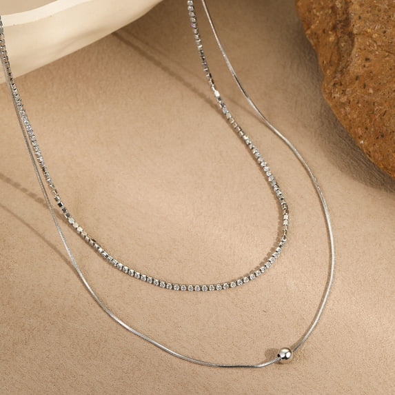 NICKSUN 18K Gold / Silver Plated Double Layer Necklace - Stainless Steel Herringbone & CZ Tennis Chain, Tarnish-Free Minimalist Stackable Choker for Women