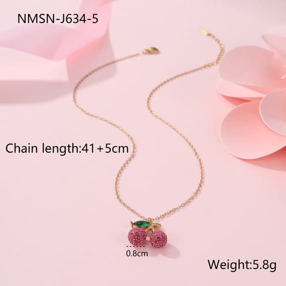 NICKSUN 18K Gold/Silver Plated Stainless Steel Cherry Pendant Necklace, Sparkling Cubic Zirconia Cute Fruit Choker, Dainty Delicate Clavicle Chain for Women