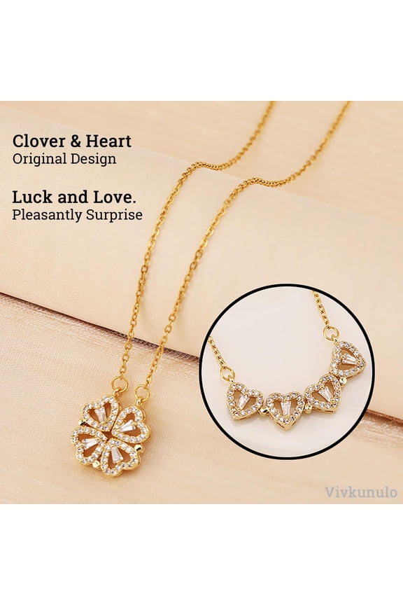 2 in 1 Four Leaf Clover Charm Lucky Necklace Heart Crystal Pendant Necklace Link Valentine's Day Jewelry Gift for Women