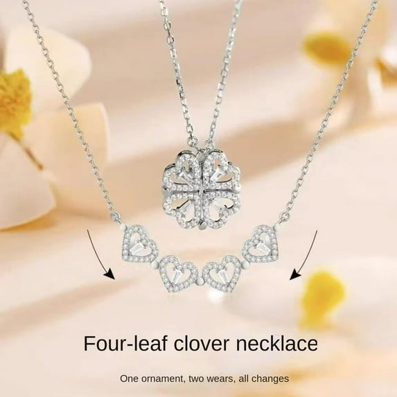NICKSUN 2 in 1 Four Leaf Clover Charm Lucky Necklace Heart Crystal Pendant Necklace Link Valentine's Day Jewelry Gift for Women