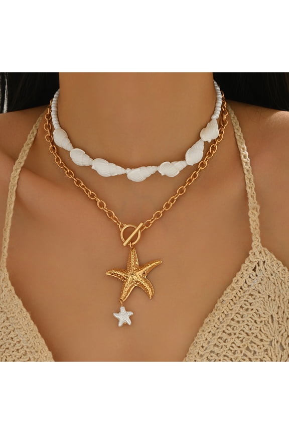 2Pcs Gold Starfish Pendant Necklace for Women Summer Jewelry Conch Seashell Necklace Trendy Pearl Choker Necklaces Beach Jewelry