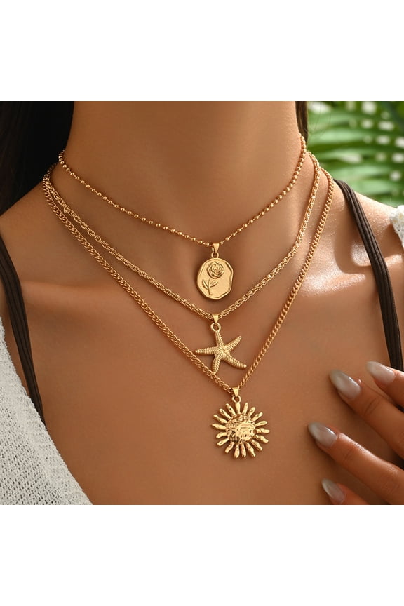 3 Pcs Summer Bohemian Sun Starfish Rose Pendant Necklace Set - Dainty 14K Gold Plated Chain Necklaces, Fashionable Jewelry Accessory, Women's Daily And Party Wear, Best Gift For Family Friend