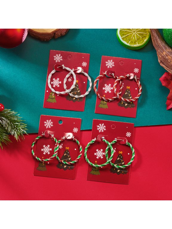 4 Pairs Christmas Twisted Glitter Hoop Earrings for Women, Red Green Silver Geometric Circle Huggie Hoop Click Lock Earrings, Festive Xmas Holiday Party Gifts Bag Filler