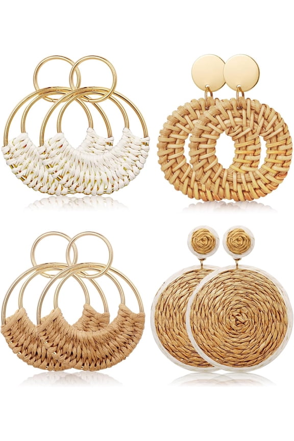 4 Pairs Handmade Raffia Rattan Bohemian Round Drop Dangle Earrings for Women, Boho Statement Cute Fun Hoop Earrings Set