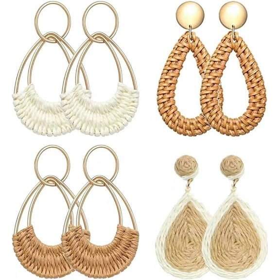 NICKSUN 4 Pairs Handmade Raffia Rattan Bohemian Round Drop Dangle Earrings for Women, Boho Statement Cute Fun Hoop Earrings Set
