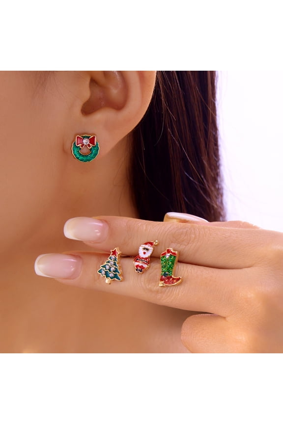 4Pcs Christmas Enamel Stud Earrings Pack, Cute Cartoon Santa Snowman Reindeer Xmas Tree Gingerbread Man Mini Holiday Ear Jewelry Gift Set