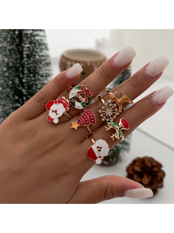 7‑Pack Christmas Adjustable Open Rings for Women, Enamel Holiday Stackable Rings with Santa, Christmas Tree, Reindeer, Wreath, Snowflake Charms, Xmas Party Costume Jewelry Stocking Gift