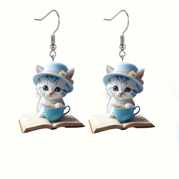 NICKSUN Acrylic Cat and Coffee Cup Earrings Dangle Drop Jewelry Pets Novelty Funny Gift For Women Pets Lovers Charms Gifts