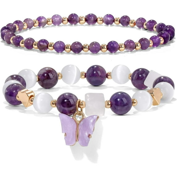 NICKSUN Amethyst Bracelet For Women Anxiety Amethyst Beaded Bracelets Butterfly Charms Healing Stone Layered Bracelet Gifts For Women