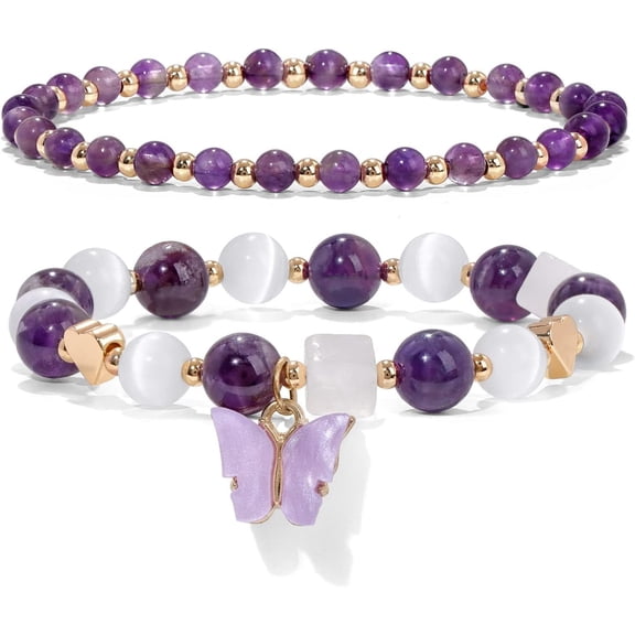 NICKSUN Amethyst Bracelet For Women Anxiety Amethyst Beaded Bracelets Butterfly Charms Healing Stone Layered Bracelet Gifts For Women