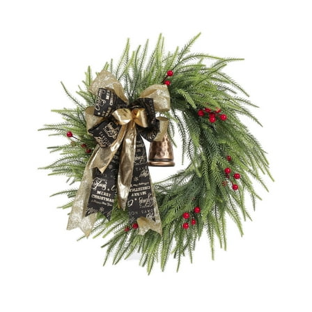 NICKSUN Artificial Golden Bell Wreath, Handmade Pine Berries Boho Wreath Farmhouse Christmas Wreath for Holiday Christmas Decor(23.6 Inch)