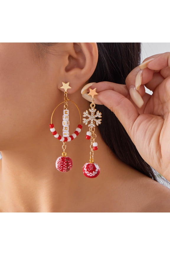 Asymmetrical Christmas Star Dangle Earrings, MERRY Letter Bead Hoop Rhinestone Xmas Tree Snowflake Knitted Pom Pom Tassel Drop Earrings, Festive Holiday Party Fashion Jewelry Gift