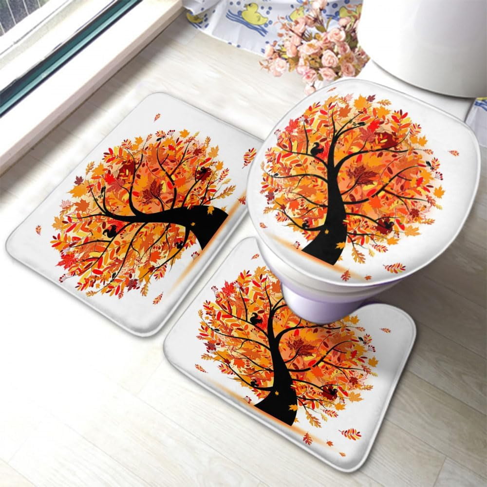 NICKSUN Autumn Tree Bathroom Rugs Sets 3 Pieces, Inculding UShaped