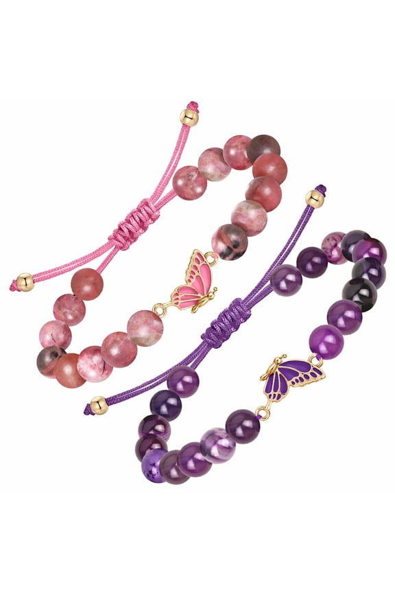 BFF Friendship Bracelets for 2 - Butterfly Matching Bracelets, Adjustable Natural Stone Bead Bracelets Birthday Gifts for Friends Sisters Couples Mother and Daughter