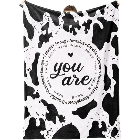 NICKSUN Bible Verse and Cow Print Blanket, Cow Gifts for Women, Inspirational Christian Gifts for Women Girls, Mothers Day Birthday Wedding Christmas Gifts, Soft Flannel Blanket 50'' x 60''