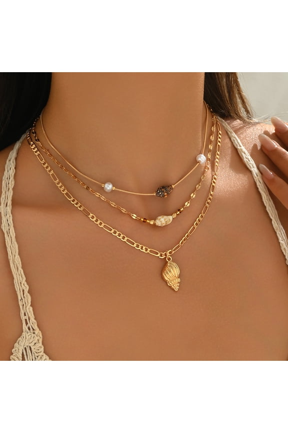 Bohemian Metal Shell And Starfish Pendant Necklace Set, Imitation Pearl Bead Necklace, Beach Resort Necklace Set