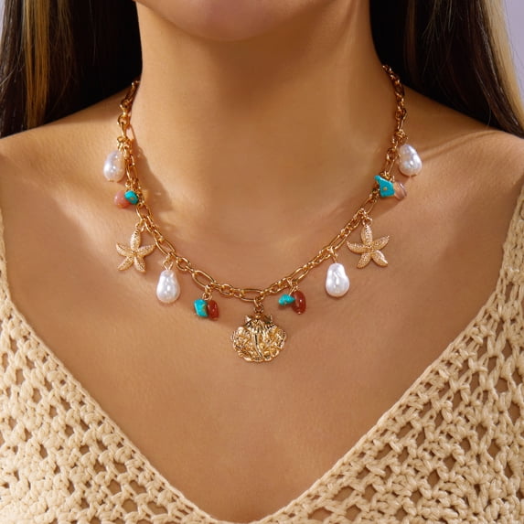NICKSUN Boho Beach Seashell Imitation Pearl Layered Necklaces Collection, Multi-Style Ocean Starfish Seahorse Charm Beaded Chokers, Summer Tropical Vacation Dopamine Statement Jewelry
