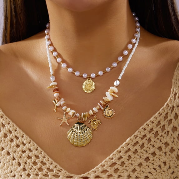 NICKSUN Boho Beach Seashell Imitation Pearl Layered Necklaces Collection, Multi-Style Ocean Starfish Seahorse Charm Beaded Chokers, Summer Tropical Vacation Dopamine Statement Jewelry