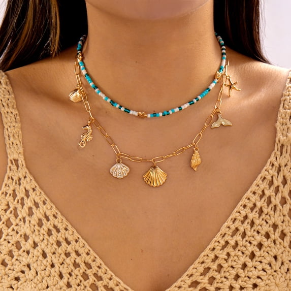 NICKSUN Boho Beach Vacation Multi-Layer Beaded Stackable Necklace, Colorful Seed Bead Choker with Starfish, Seashell, Fish & Mermaid Tail Charms, Coastal Ocean Layered Statement Jewelry