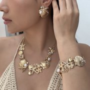 NICKSUN Boho Coastal Vacation Jewelry Set, Statement Starfish Scallop Imitation Pearl Crystal Necklace Bracelet Earrings 3Pcs Ocean Beach Matching Accessories