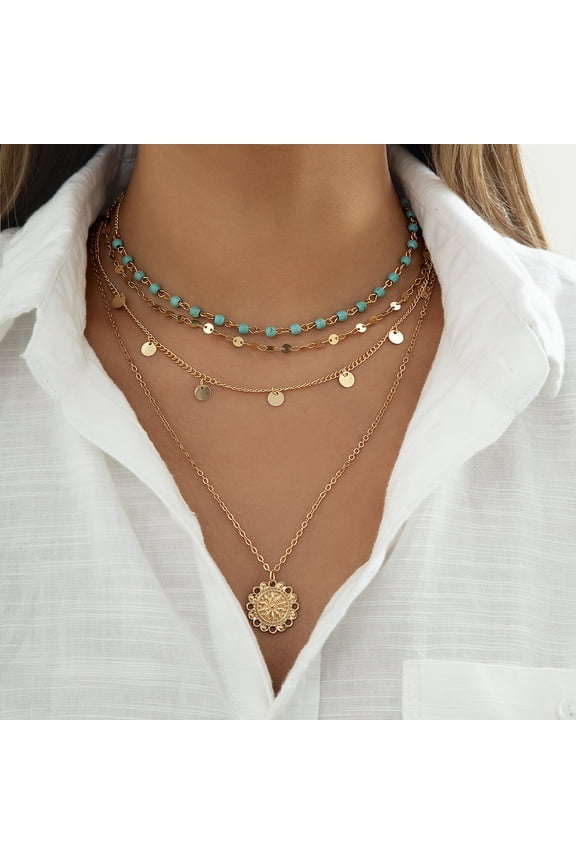 Boho Necklaces for Women Layered Turquoise Beaded Choker Necklace Western Jewelry for Women Sequin Coin Necklace Country Necklace Bohemian Boho Jewelry for Women Summer Beach Necklace