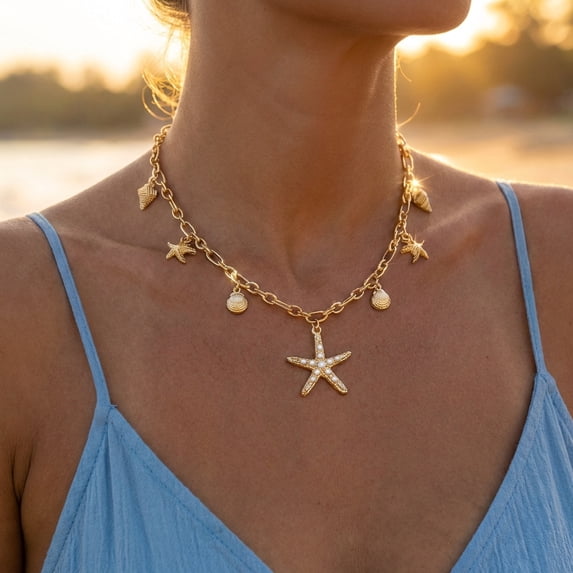 NICKSUN Boho Ocean Charm Necklace, 14K Gold Plated Starfish Seashell Dolphin Turtle Pendant Chain, Summer Beach Vacation Layered Statement Jewelry