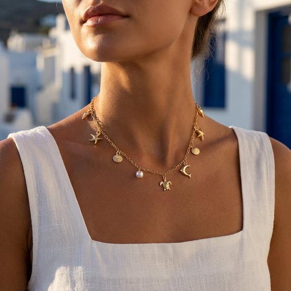 NICKSUN Boho Ocean Charm Necklace, 14K Gold Plated Starfish Seashell Dolphin Turtle Pendant Chain, Summer Beach Vacation Layered Statement Jewelry
