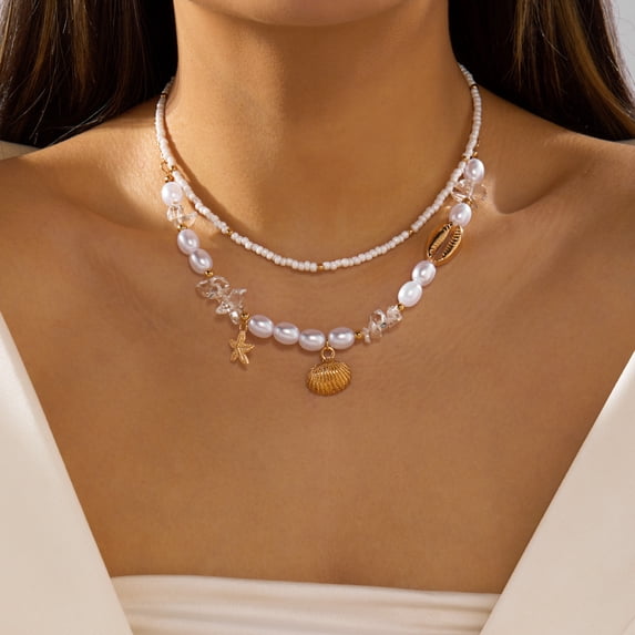 NICKSUN Boho Ocean Themed Layered Beaded Necklace, Multi-Layer Stackable Starfish Shell Imitation Pearl Choker, Summer Vacation Beach Statement Jewelry