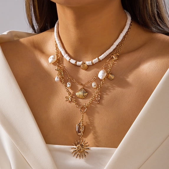 NICKSUN Boho Ocean Themed Layered Beaded Necklace, Multi-Layer Stackable Starfish Shell Imitation Pearl Choker, Summer Vacation Beach Statement Jewelry