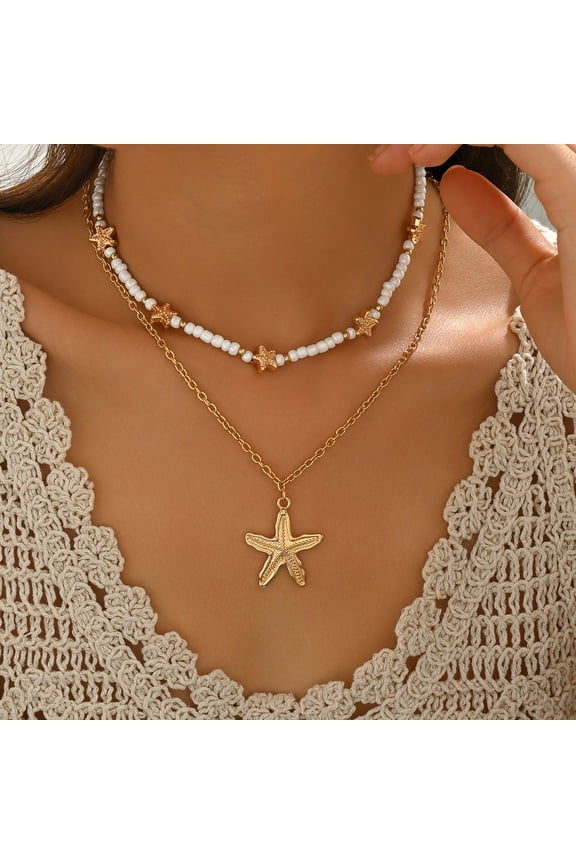 Boho Shell Necklace Chain Starfish Layered Pendant Necklaces Beach Seashell Jewelry for Women Gifts