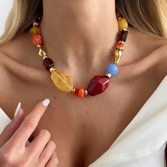 NICKSUN Boho Vintage Contrast Color Resin Beaded Choker Necklace, Irregular Multicolor Stone Collar Jewelry, Ethnic Exotic Vacation Statement Necklace