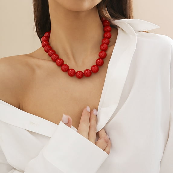 NICKSUN Bold Chunky Round Acrylic Beaded Choker Necklace for Women, Statement Solid Color Ball Collarbone Necklace, Adjustable Big Bead Collar Necklace (Red & Black Optional)