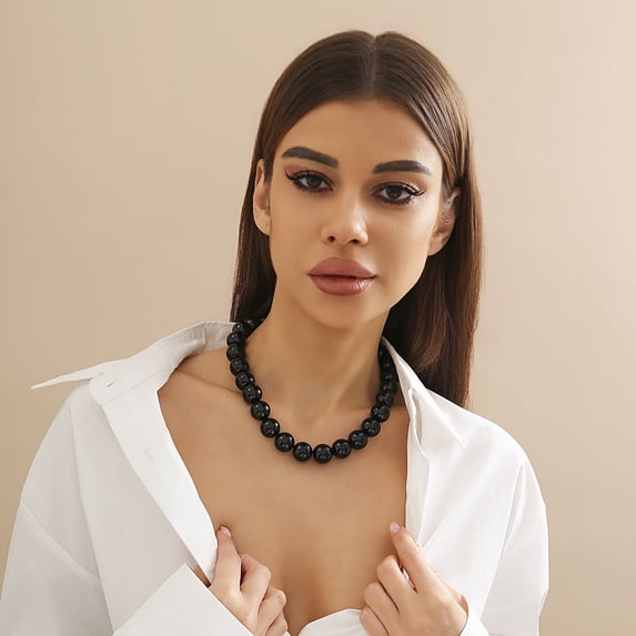 NICKSUN Bold Chunky Round Acrylic Beaded Choker Necklace for Women, Statement Solid Color Ball Collarbone Necklace, Adjustable Big Bead Collar Necklace (Red & Black Optional)