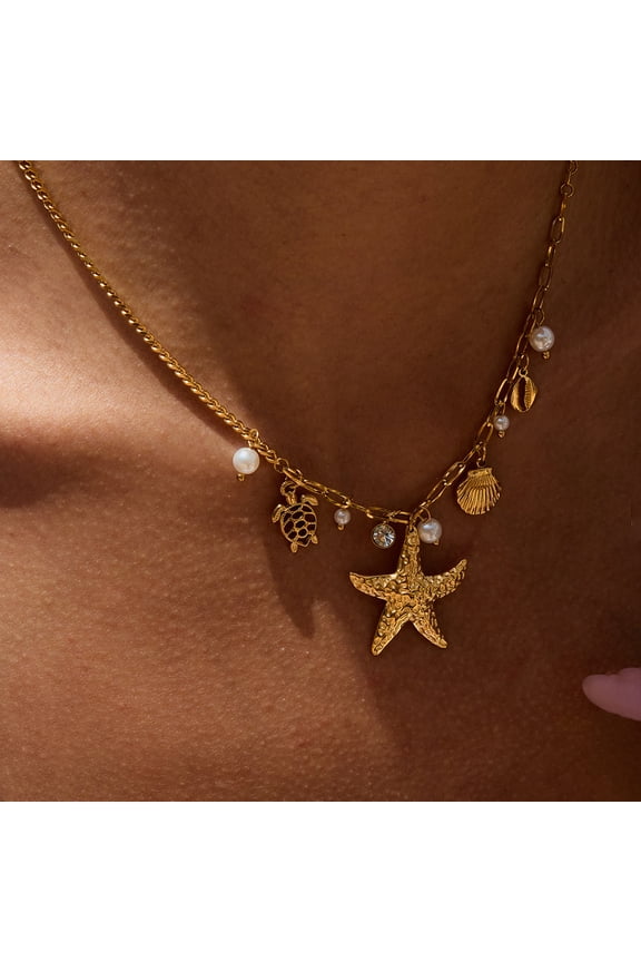 Charm Necklace for Women Pearl Starfish Seashell 14k Gold Plated Summer Beach Surfer Jewelry Necklace Gifts