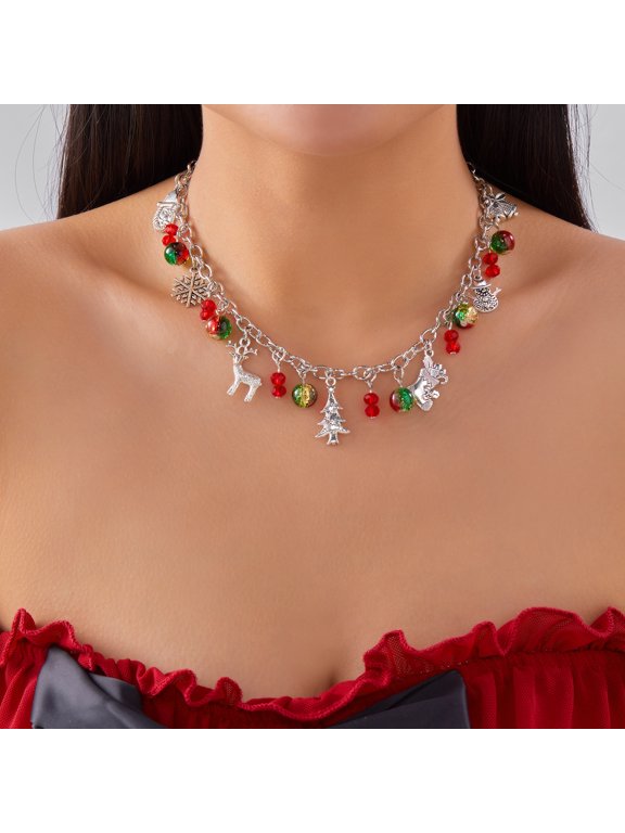 Christmas Charm Chain Necklace, Gold Silver Plated Santa Snowman Reindeer Xmas Tree Crackle Glass Bead Choker, Holiday Party Festive Dangle Jewelry Gift