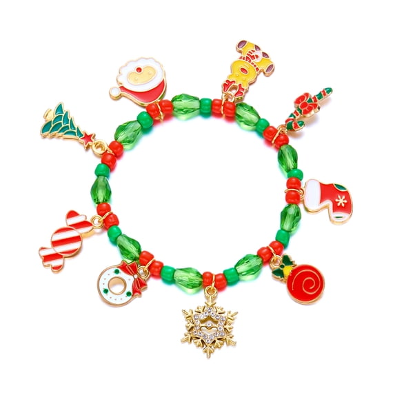 NICKSUN Christmas Crystal Beaded Stretch Charm Bracelets for Women, Enamel Santa Reindeer Snowflake Candy Cane Glove Bell Stackable Bracelet, Festive Xmas Holiday Party Jewelry Gift