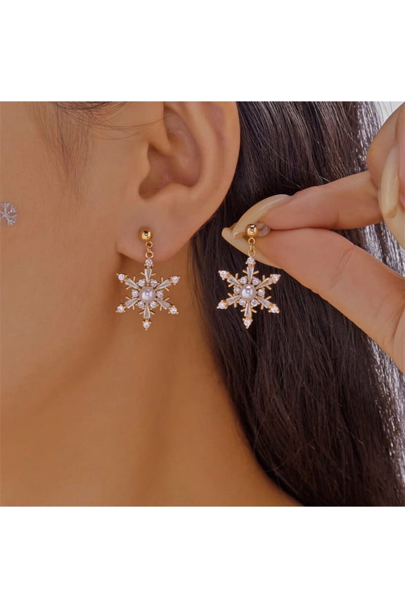 Christmas Cubic Zirconia Snowflake Dangle Earrings for Women, Imitation Pearl Tassel Snowflake Stud Drop Earrings, Elegant Winter Holiday Party Jewelry Gift