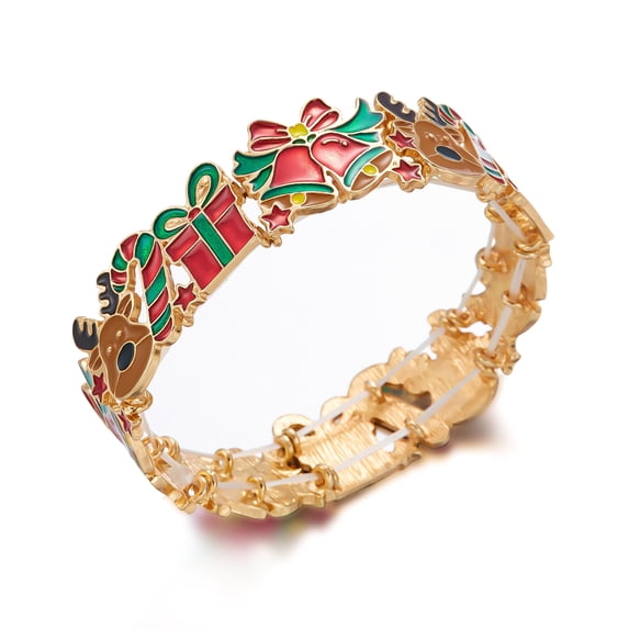 NICKSUN Christmas Enamel Stretch Bangle Bracelet for Women, Reindeer Candy Cane Gift Box Bell Statement Bracelet, Festive Xmas Holiday Costume Jewelry for Party Christmas Gift Stocking Stuffer
