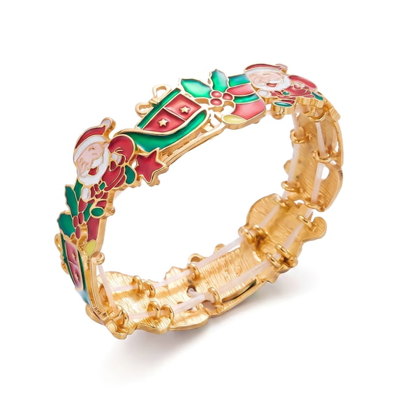NICKSUN Christmas Enamel Stretch Bangle Bracelet for Women, Santa Claus Sleigh Holly Berry Statement Bracelet, Festive Xmas Holiday Costume Jewelry for Party Christmas Gift Stocking Stuffer