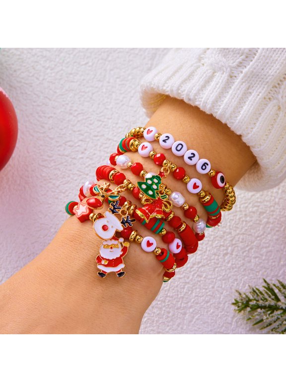 Christmas Multi-Layer Stack Beaded Bracelet Set for Women, Seed Bead Soft Clay Heishi Stretch Bracelets with Enamel Santa Reindeer Xmas Tree Charm, Holiday Layered Jewelry Gift Pack