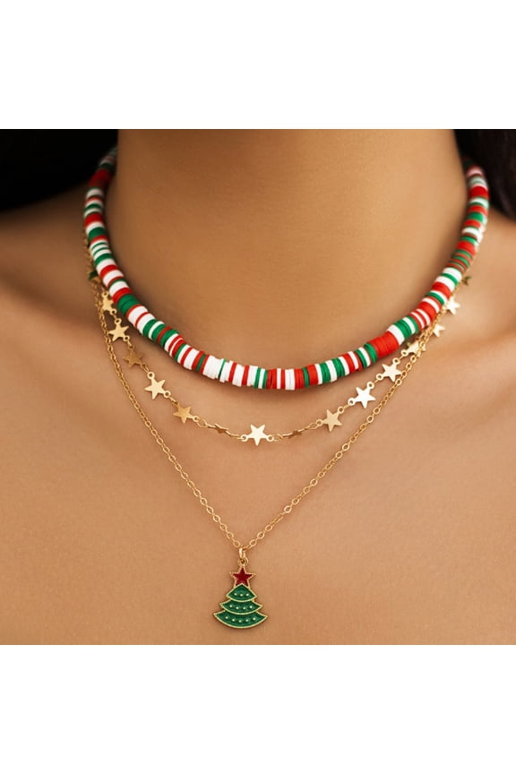 Christmas Necklace, Rainbow Beads Necklace for Women, Christmas Stacked Polymer Clay Beads Collar, Cute Santa Claus, Snow, Bells, Christmas Tree Multi-Layer Necklace