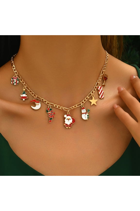 Christmas Necklace for Women Stainless Steel Chain Colorful Santa Claus Christmas Tree Snowman Reindeer Bells Pendant Necklace Party Jewelry Gift