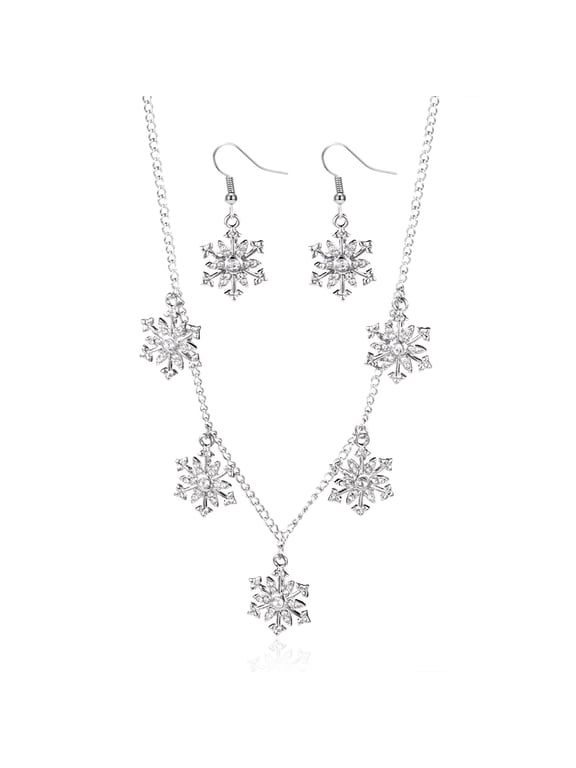 Christmas Snowflake Rhinestone Jewelry Set for Women, Crystal Pearl Snowflake Pendant Necklace & Dangle Earrings Matching Set, Winter Xmas Holiday Party Accessory Gift