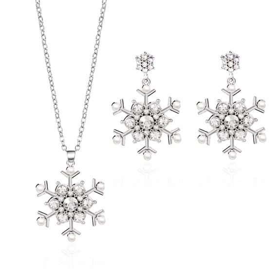 NICKSUN Christmas Snowflake Rhinestone Jewelry Set for Women, Crystal Pearl Snowflake Pendant Necklace & Dangle Earrings Matching Set, Winter Xmas Holiday Party Accessory Gift