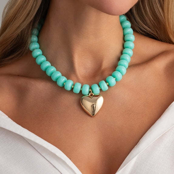 NICKSUN Chunky Heart Necklaces for Women, Colorful Resin Beaded Choker Necklace, Cute Gold Puffy Heart Statement Necklace Trendy Acrylic Choker Jewelry Gift