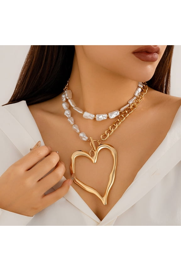 Chunky Large Heart Pearl Pendant Necklaces Set for Women Exaggerated Y2k Love Pearls Choker Necklaces Big Silver Statement Heart Necklaces Jewelry