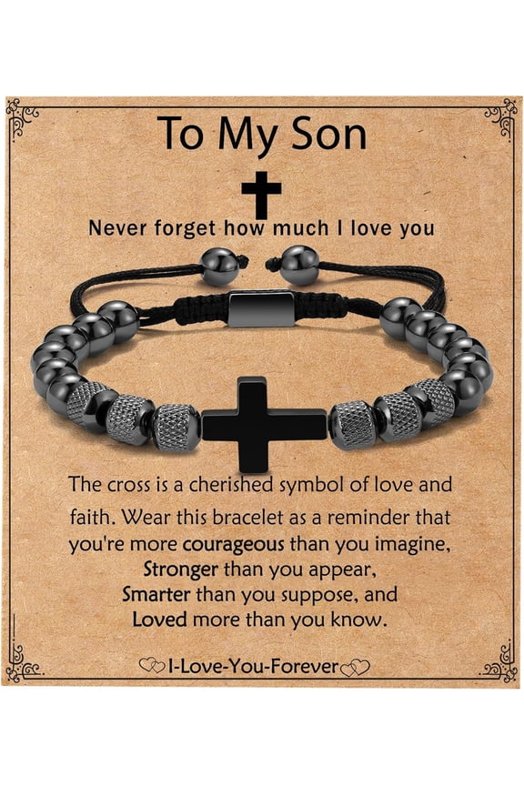 Cross Bracelet Gifts for Boys Men, Adjustable Obsidian Beads Bracelet Christian Religious Bapstim Jewelry Gifts for Son Grandson Teenage Teen Boys